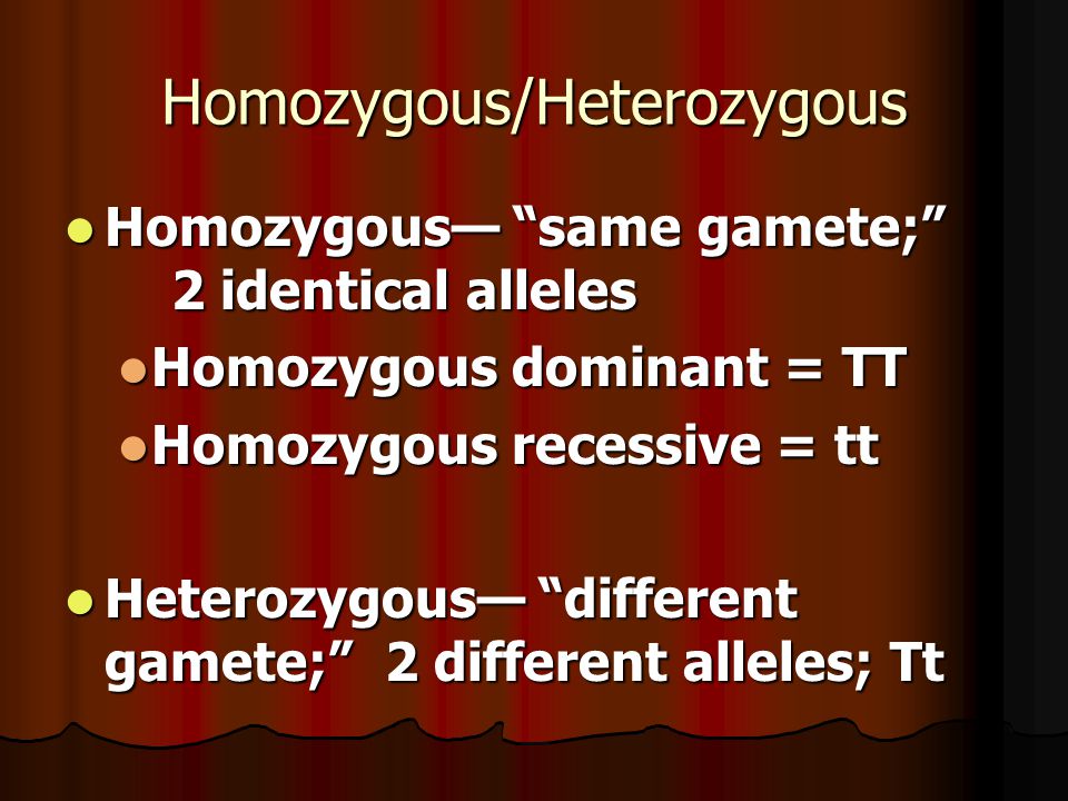 Homozygous/Heterozygous Homozygous— same gamete; 2 identical alleles Homozygous— same gamete; 2 identical alleles Homozygous dominant = TT Homozygous dominant = TT Homozygous recessive = tt Homozygous recessive = tt Heterozygous— different gamete; 2 different alleles; Tt Heterozygous— different gamete; 2 different alleles; Tt