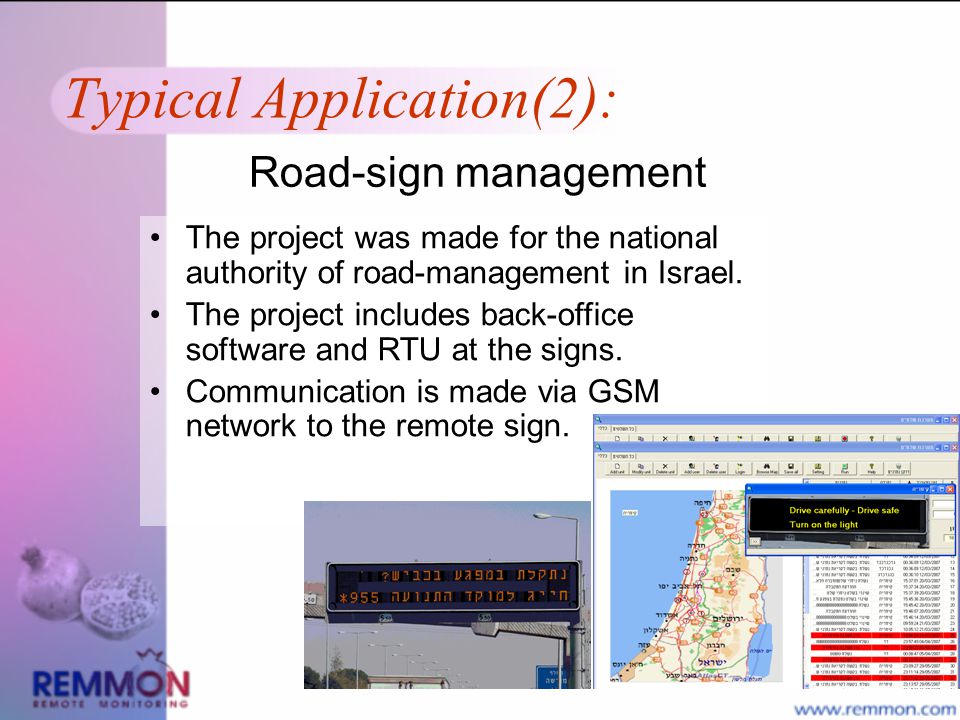 Typical Application(2): Road-sign management The project was made for the national authority of road-management in Israel.