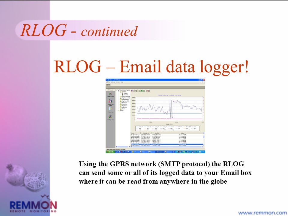 Using the GPRS network (SMTP protocol) the RLOG can send some or all of its logged data to your  box where it can be read from anywhere in the globe RLOG –  data logger.