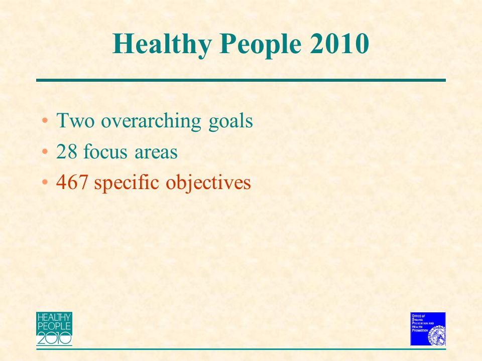 Healthy People 2010 Two overarching goals 28 focus areas 467 specific objectives