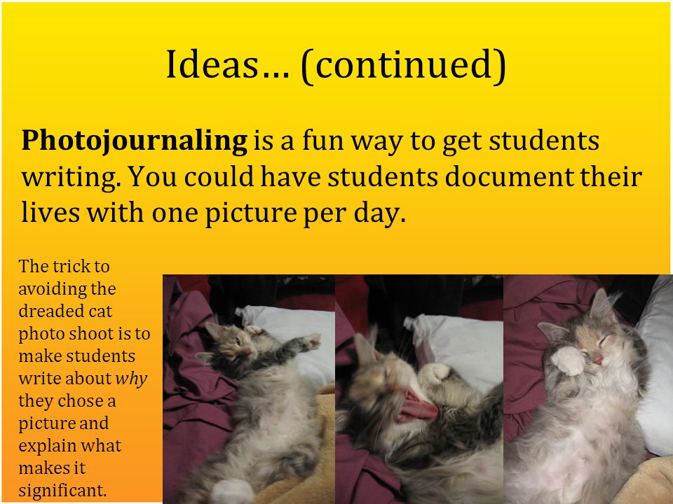 Ideas… (continued) Photojournaling is a fun way to get students writing.