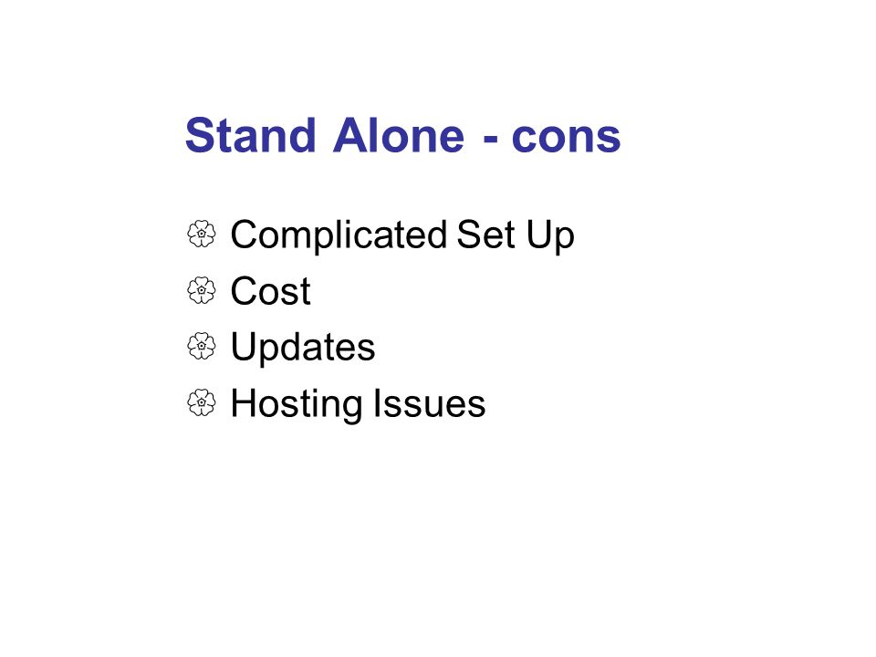 Stand Alone - cons  Complicated Set Up  Cost  Updates  Hosting Issues