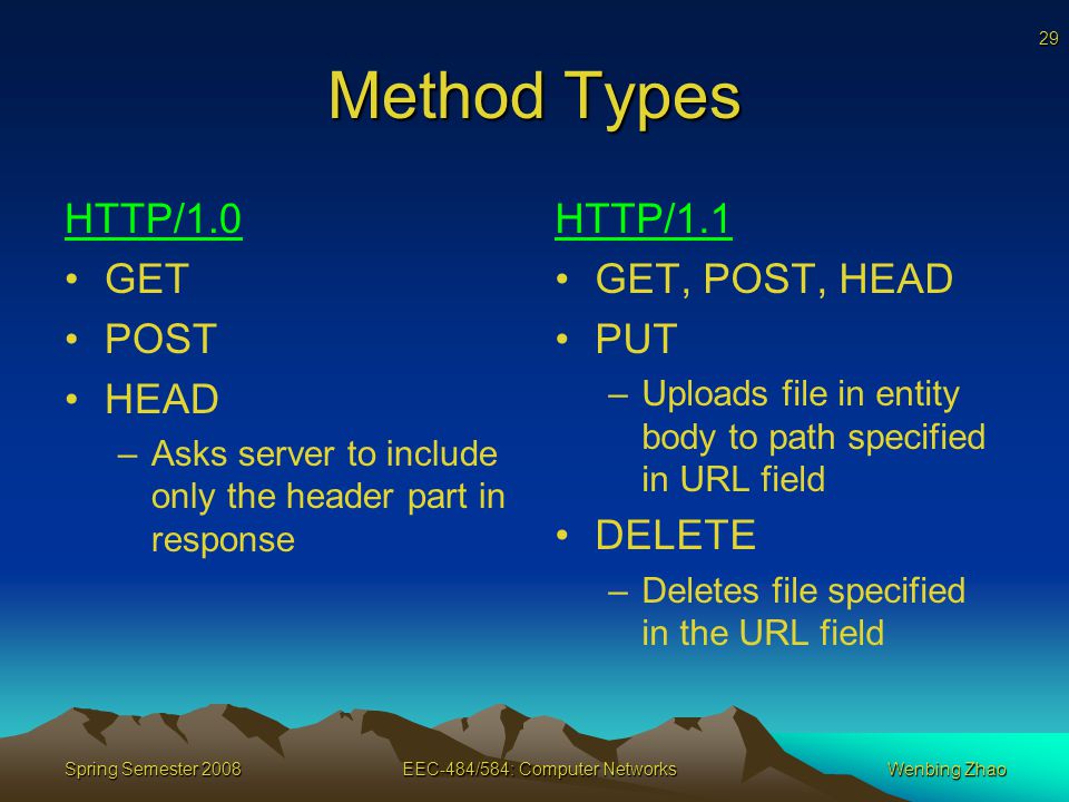 29 Spring Semester 2008EEC-484/584: Computer NetworksWenbing Zhao Method Types HTTP/1.0 GET POST HEAD –Asks server to include only the header part in response HTTP/1.1 GET, POST, HEAD PUT –Uploads file in entity body to path specified in URL field DELETE –Deletes file specified in the URL field