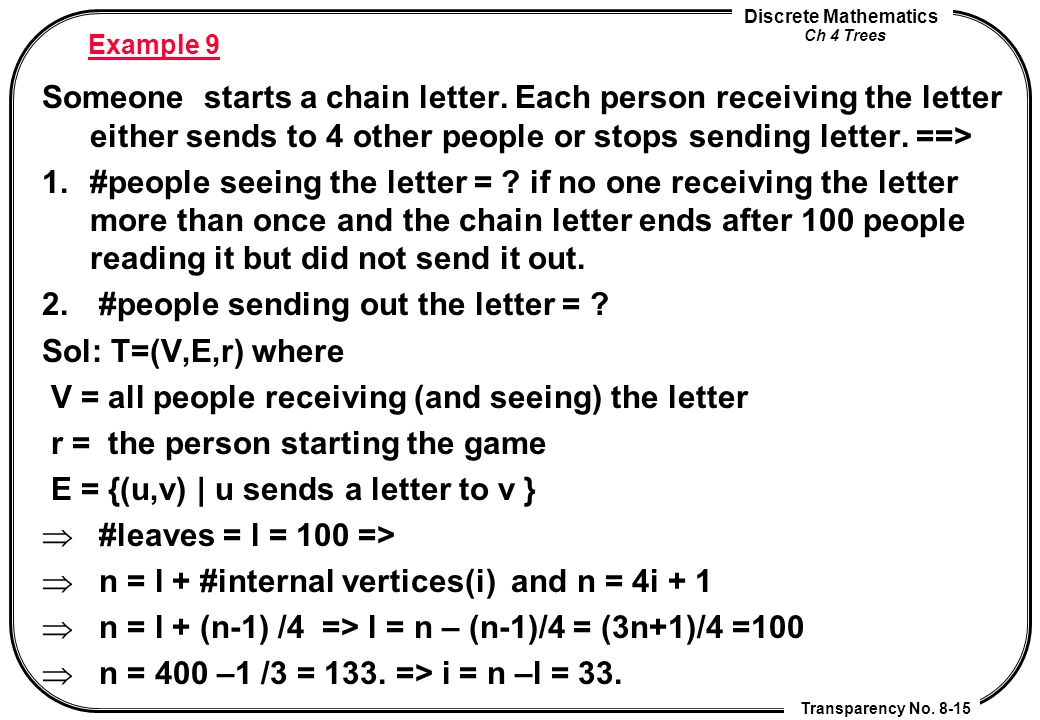 Discrete Mathematics Ch 4 Trees Transparency No Example 9 Someone starts a chain letter.