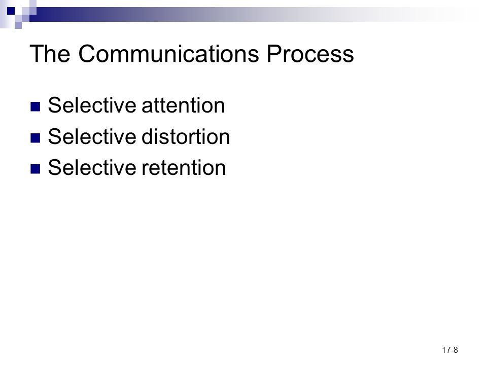 17-8 The Communications Process Selective attention Selective distortion Selective retention