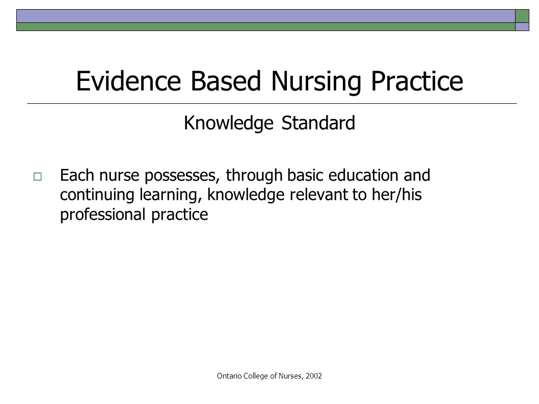 Ontario College of Nurses, 2002 Evidence Based Nursing Practice Knowledge Standard  Each nurse possesses, through basic education and continuing learning, knowledge relevant to her/his professional practice