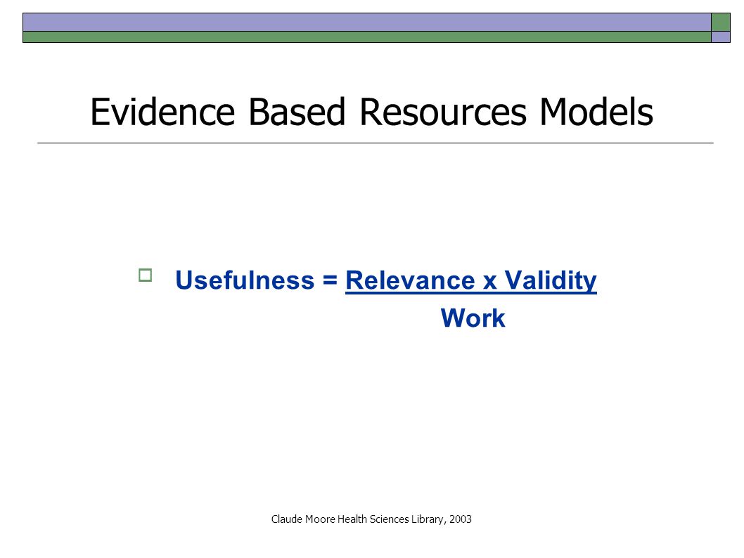 Claude Moore Health Sciences Library, 2003 Evidence Based Resources Models  Usefulness = Relevance x Validity Work