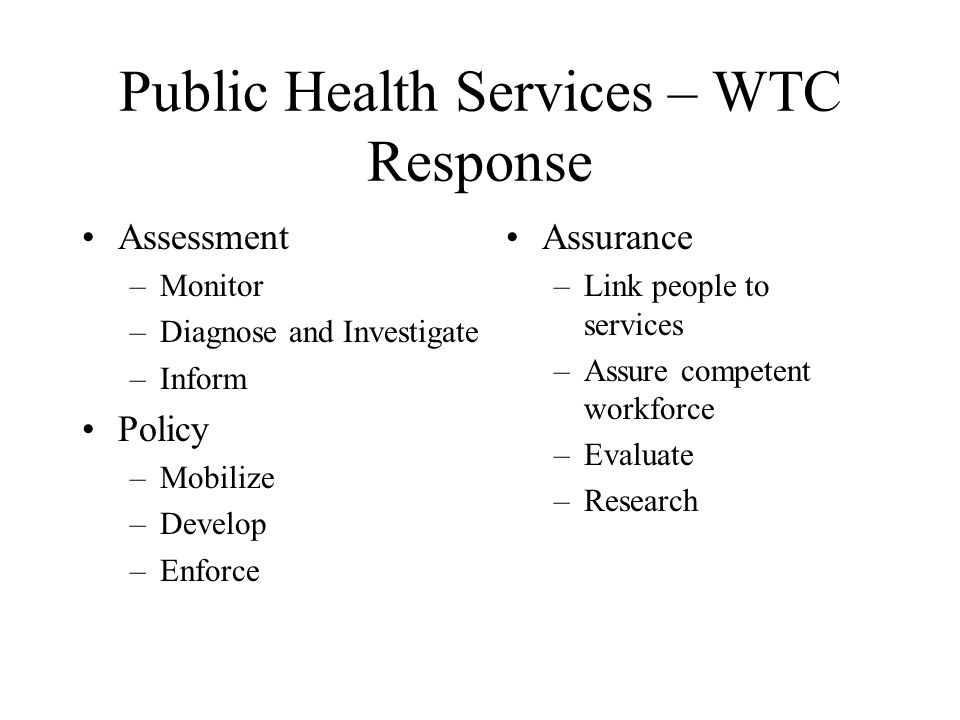 Public Health Services – WTC Response Assessment –Monitor –Diagnose and Investigate –Inform Policy –Mobilize –Develop –Enforce Assurance –Link people to services –Assure competent workforce –Evaluate –Research