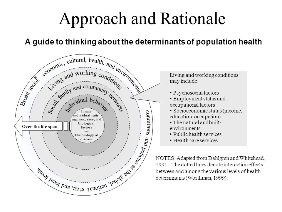 Approach and Rationale A guide to thinking about the determinants of population health NOTES: Adapted from Dahlgren and Whitehead, 1991.