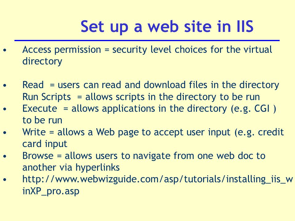 Set up a web site in IIS Access permission = security level choices for the virtual directory Read = users can read and download files in the directory Run Scripts = allows scripts in the directory to be run Execute = allows applications in the directory (e.g.