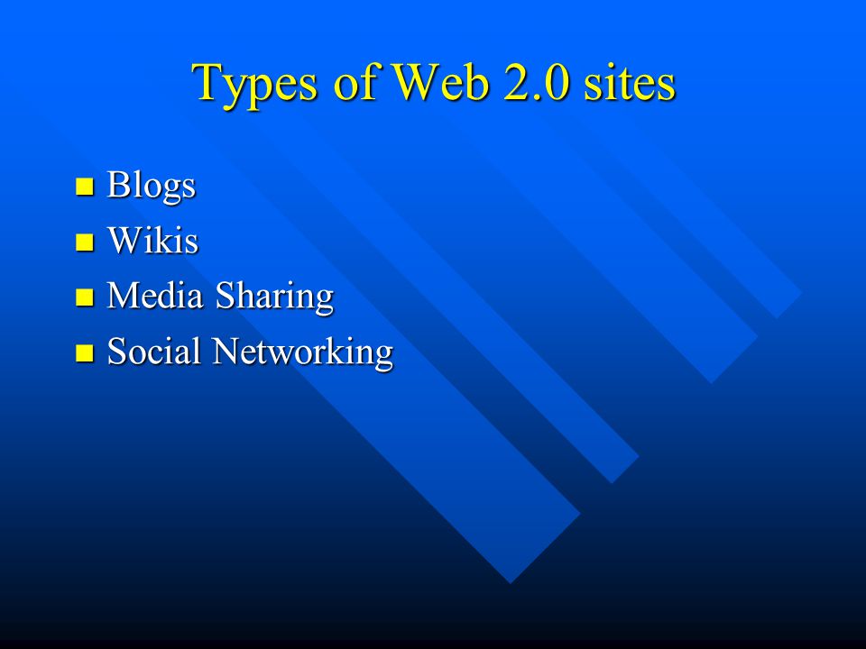 Types of Web 2.0 sites Blogs Blogs Wikis Wikis Media Sharing Media Sharing Social Networking Social Networking