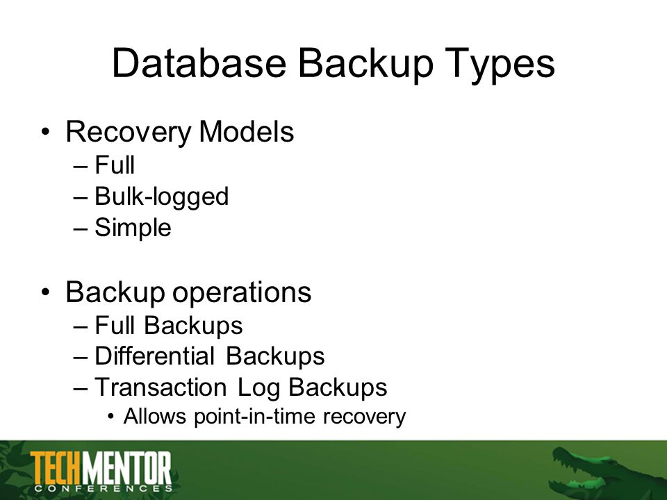 Database Backup Types Recovery Models –Full –Bulk-logged –Simple Backup operations –Full Backups –Differential Backups –Transaction Log Backups Allows point-in-time recovery