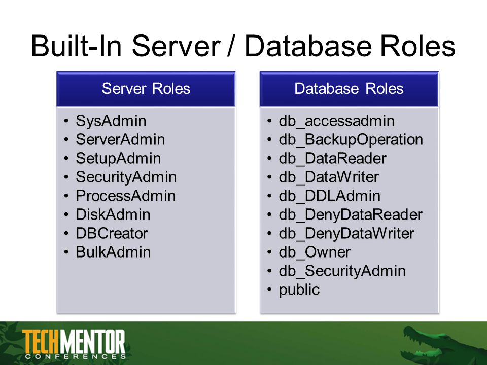 Built-In Server / Database Roles Server Roles SysAdmin ServerAdmin SetupAdmin SecurityAdmin ProcessAdmin DiskAdmin DBCreator BulkAdmin Database Roles db_accessadmin db_BackupOperation db_DataReader db_DataWriter db_DDLAdmin db_DenyDataReader db_DenyDataWriter db_Owner db_SecurityAdmin public
