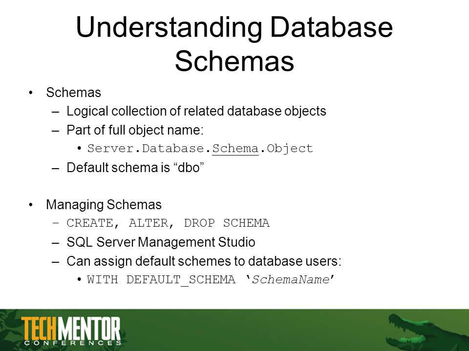 Understanding Database Schemas Schemas –Logical collection of related database objects –Part of full object name: Server.Database.Schema.Object –Default schema is dbo Managing Schemas –CREATE, ALTER, DROP SCHEMA –SQL Server Management Studio –Can assign default schemes to database users: WITH DEFAULT_SCHEMA ‘SchemaName’