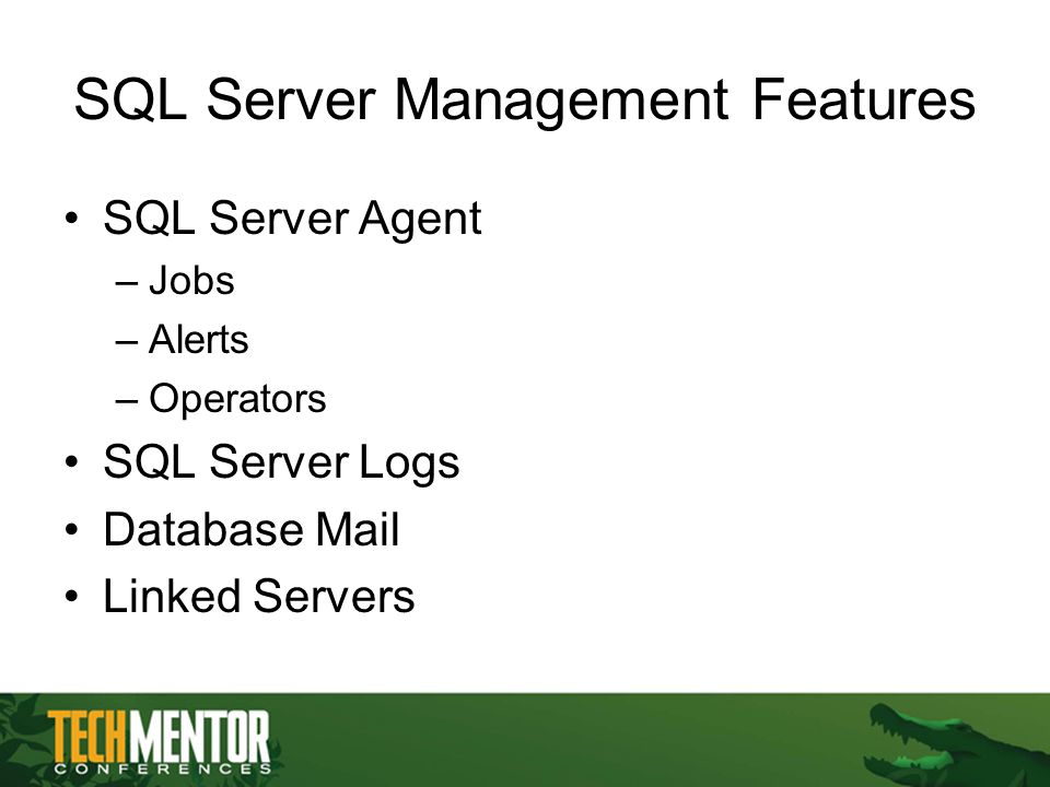 SQL Server Management Features SQL Server Agent –Jobs –Alerts –Operators SQL Server Logs Database Mail Linked Servers