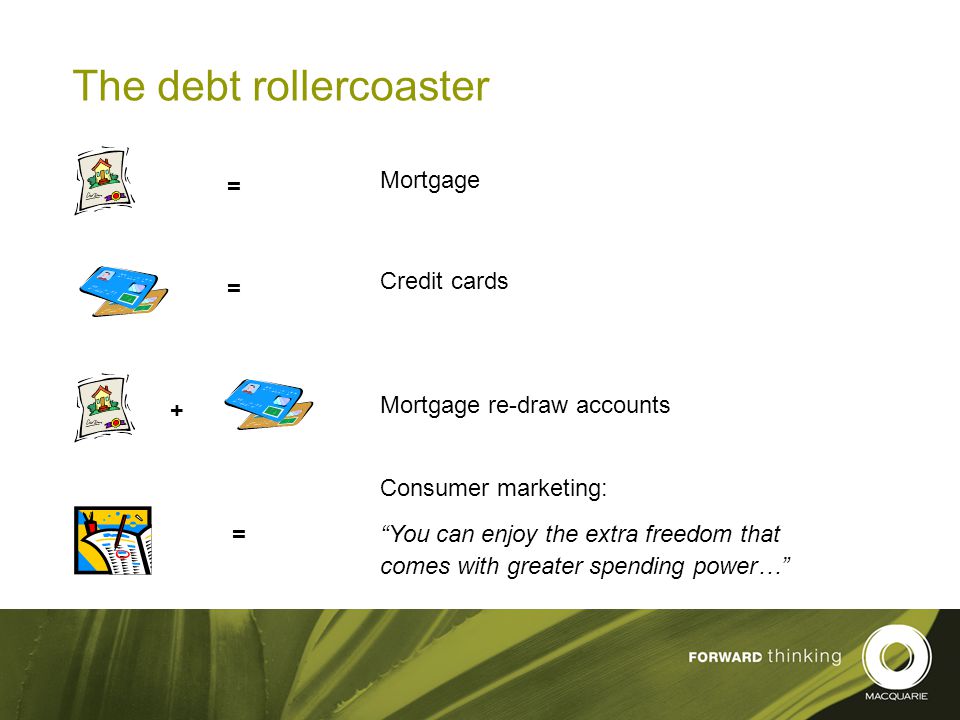 15 The debt rollercoaster = Mortgage = Credit cards + Mortgage re-draw accounts = Consumer marketing: You can enjoy the extra freedom that comes with greater spending power…