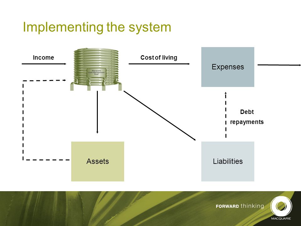 19 Implementing the system Expenses LiabilitiesAssets IncomeCost of living Debt repayments