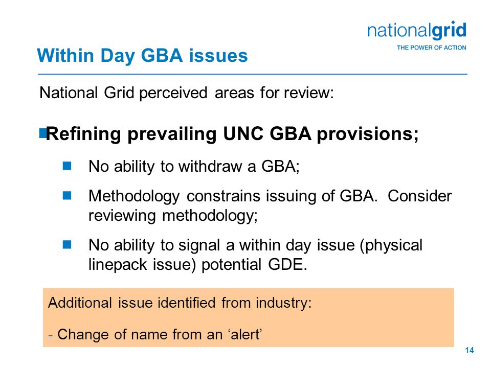 14 National Grid perceived areas for review:  Refining prevailing UNC GBA provisions;  No ability to withdraw a GBA;  Methodology constrains issuing of GBA.