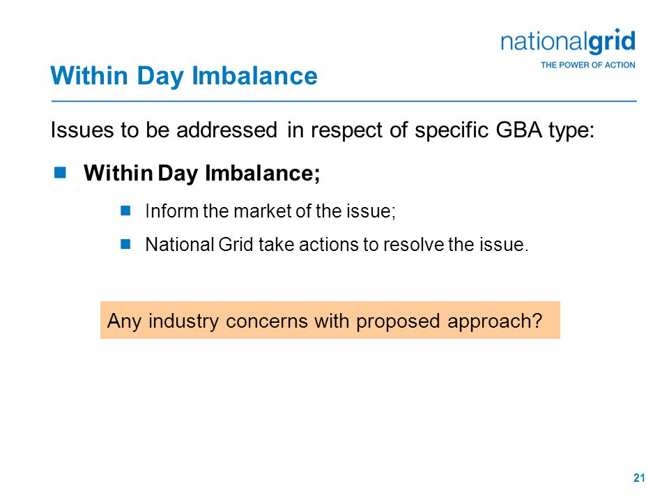 21 Within Day Imbalance Issues to be addressed in respect of specific GBA type:  Within Day Imbalance;  Inform the market of the issue;  National Grid take actions to resolve the issue.