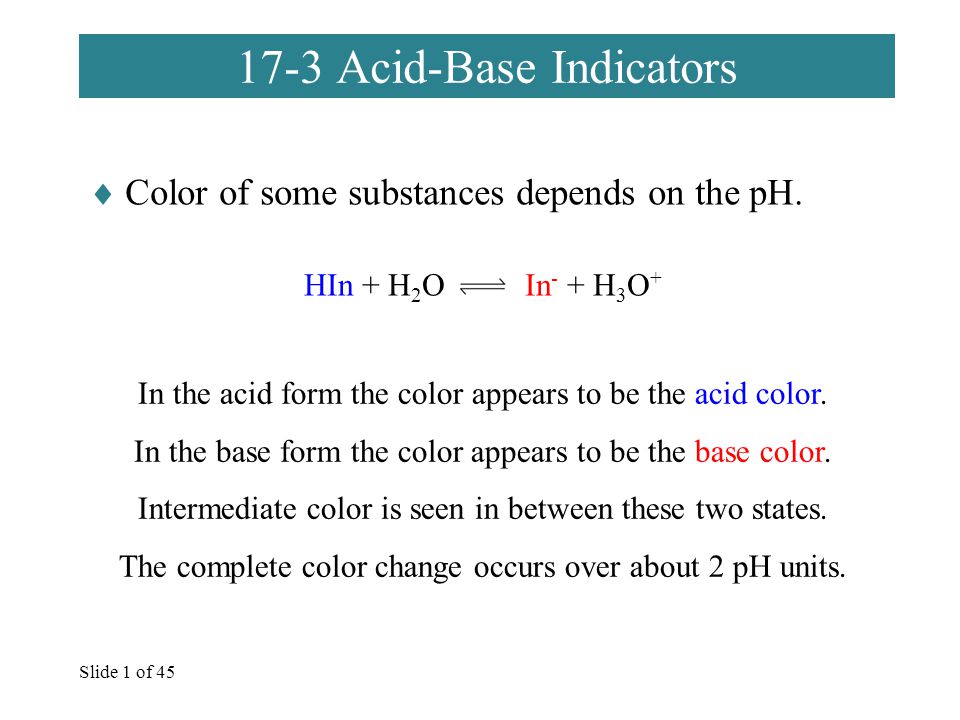 Slide 1 of Acid-Base Indicators  Color of some substances depends on the pH.