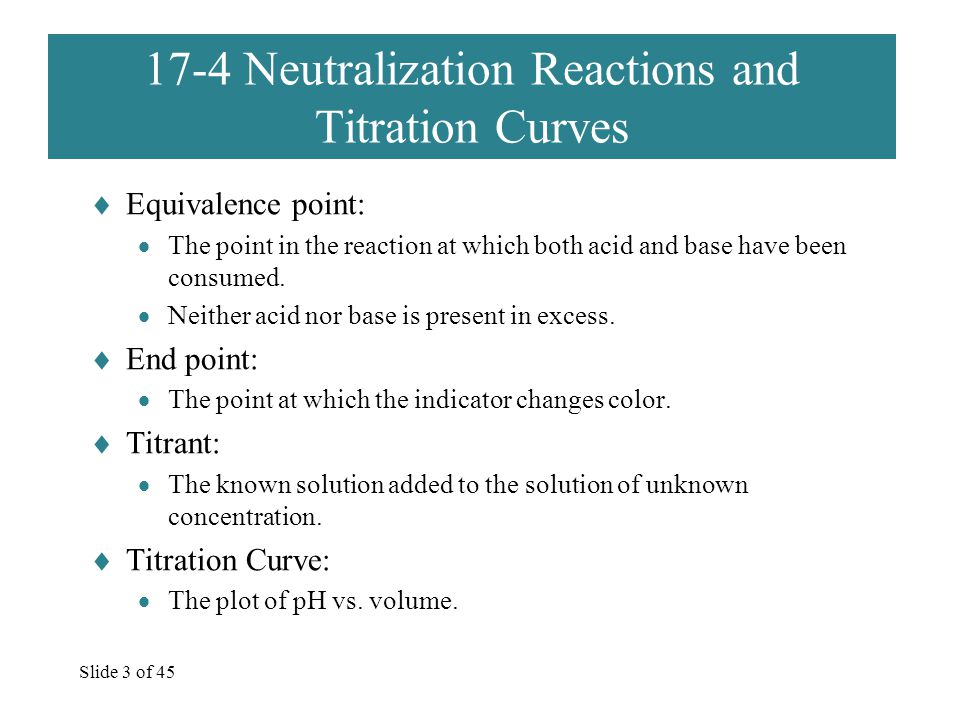 Slide 3 of Neutralization Reactions and Titration Curves  Equivalence point:  The point in the reaction at which both acid and base have been consumed.