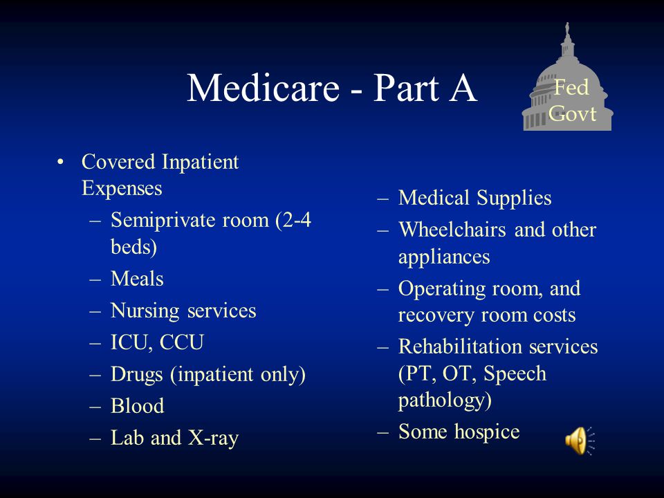 Medicare - Part A Covered Inpatient Expenses –Semiprivate room (2-4 beds) –Meals –Nursing services –ICU, CCU –Drugs (inpatient only) –Blood –Lab and X-ray Fed Govt –Medical Supplies –Wheelchairs and other appliances –Operating room, and recovery room costs –Rehabilitation services (PT, OT, Speech pathology) –Some hospice