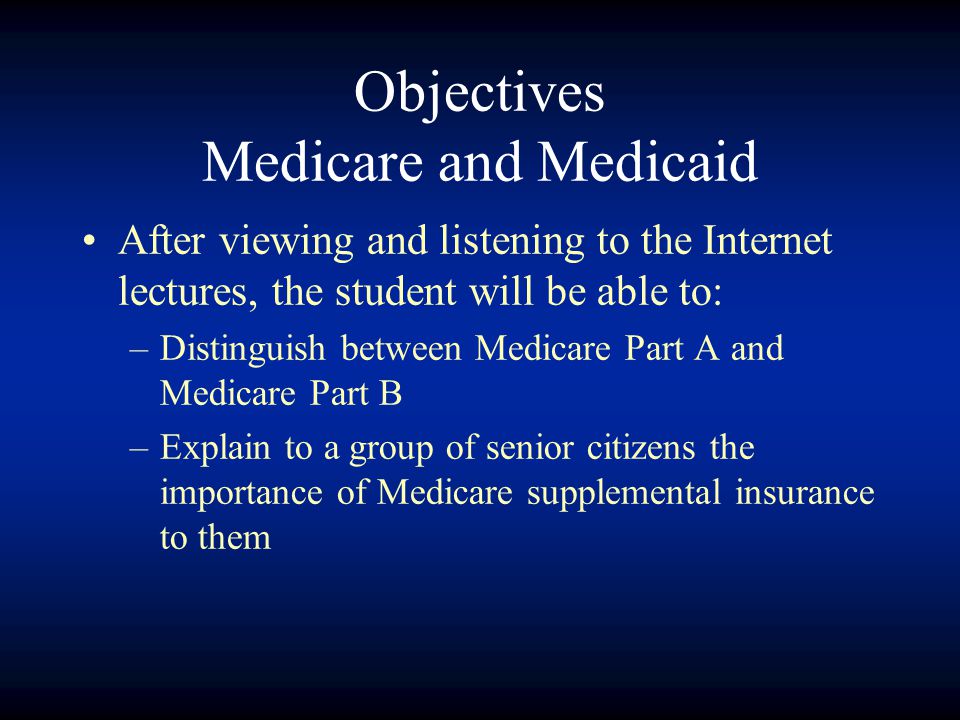 Objectives Medicare and Medicaid After viewing and listening to the Internet lectures, the student will be able to: –Distinguish between Medicare Part A and Medicare Part B –Explain to a group of senior citizens the importance of Medicare supplemental insurance to them