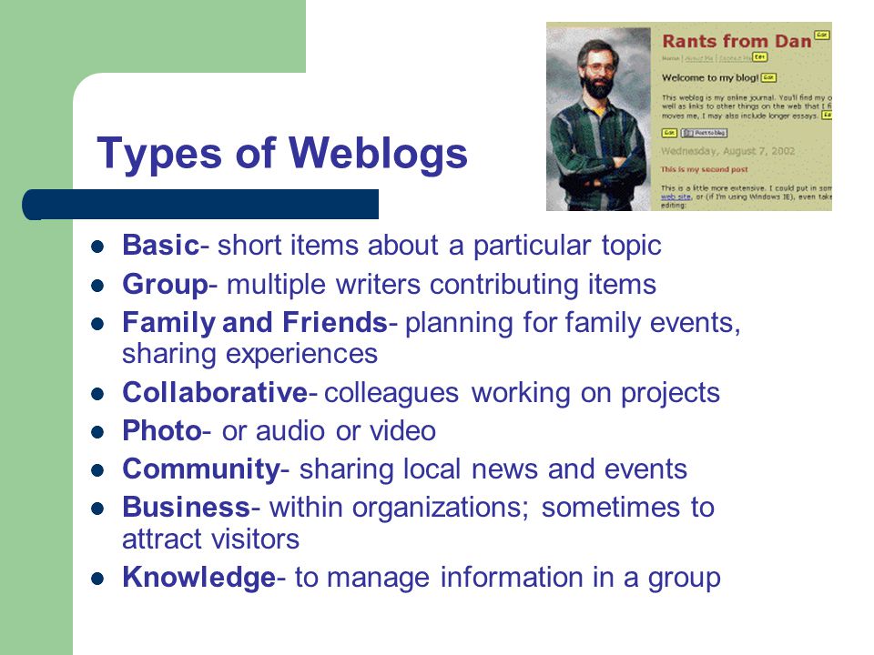 Types of Weblogs Basic- short items about a particular topic Group- multiple writers contributing items Family and Friends- planning for family events, sharing experiences Collaborative- colleagues working on projects Photo- or audio or video Community- sharing local news and events Business- within organizations; sometimes to attract visitors Knowledge- to manage information in a group