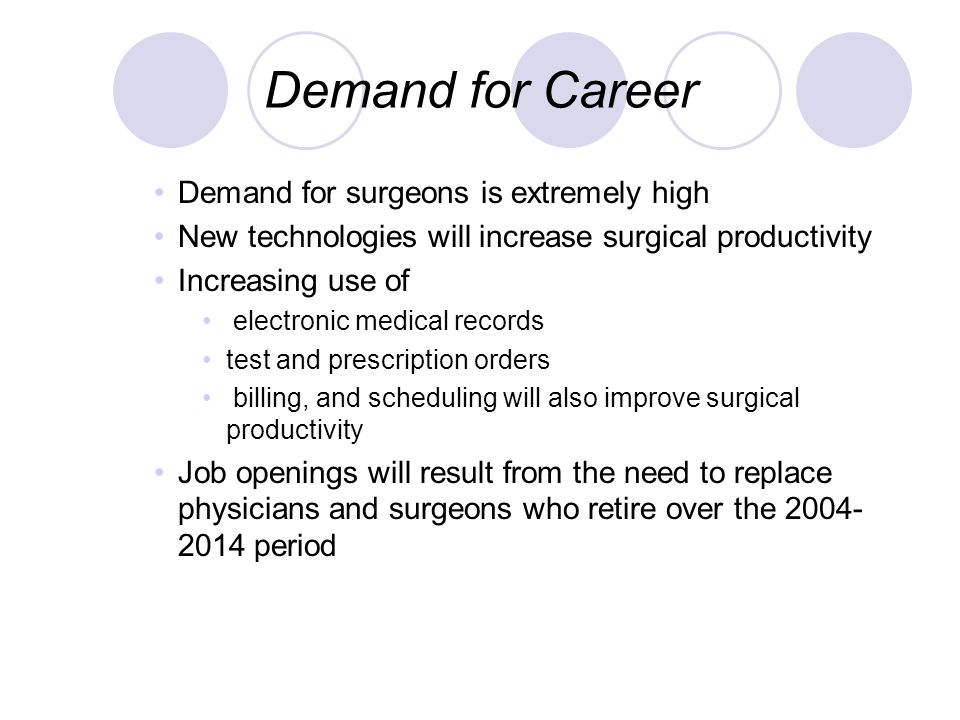 Demand for Career Demand for surgeons is extremely high New technologies will increase surgical productivity Increasing use of electronic medical records test and prescription orders billing, and scheduling will also improve surgical productivity Job openings will result from the need to replace physicians and surgeons who retire over the period