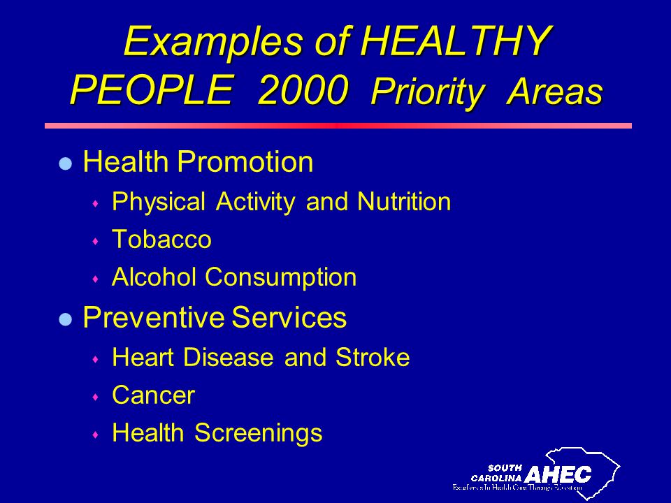 Examples of HEALTHY PEOPLE 2000 Priority Areas l Health Promotion s Physical Activity and Nutrition s Tobacco s Alcohol Consumption l Preventive Services s Heart Disease and Stroke s Cancer s Health Screenings