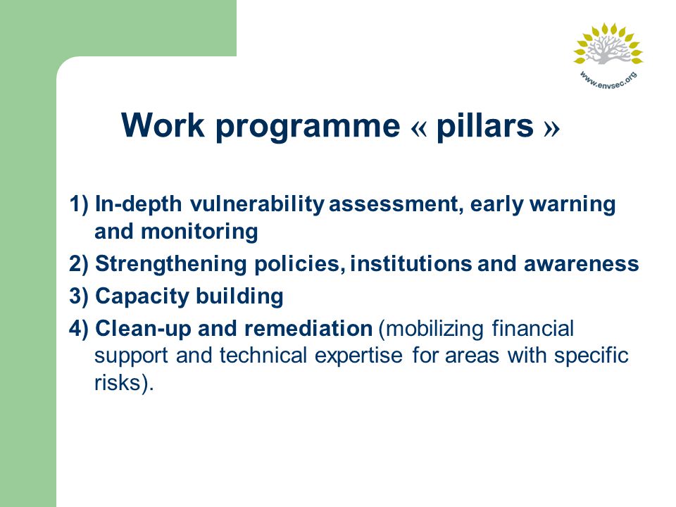 Work programme « pillars » 1) In-depth vulnerability assessment, early warning and monitoring 2) Strengthening policies, institutions and awareness 3) Capacity building 4) Clean-up and remediation (mobilizing financial support and technical expertise for areas with specific risks).