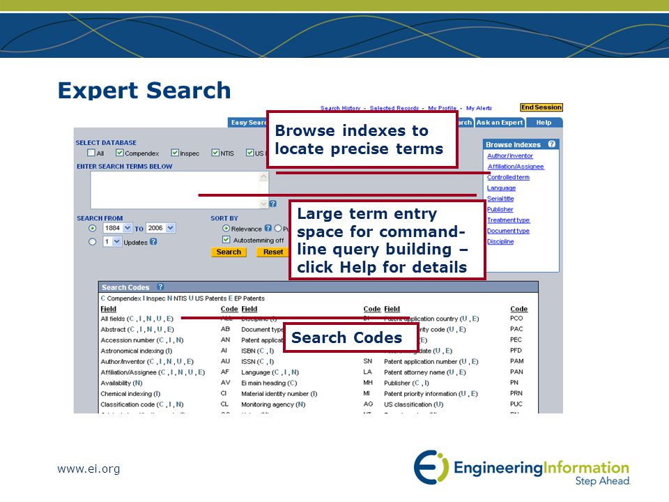 Expert Search Browse indexes to locate precise terms Large term entry space for command- line query building – click Help for details Search Codes