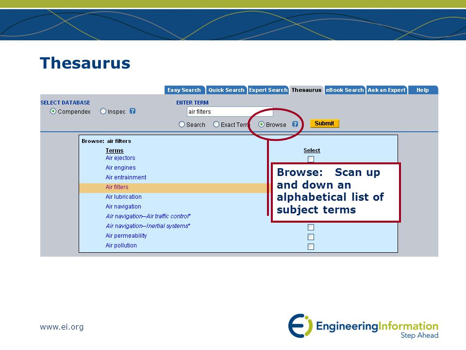 Thesaurus Browse: Scan up and down an alphabetical list of subject terms