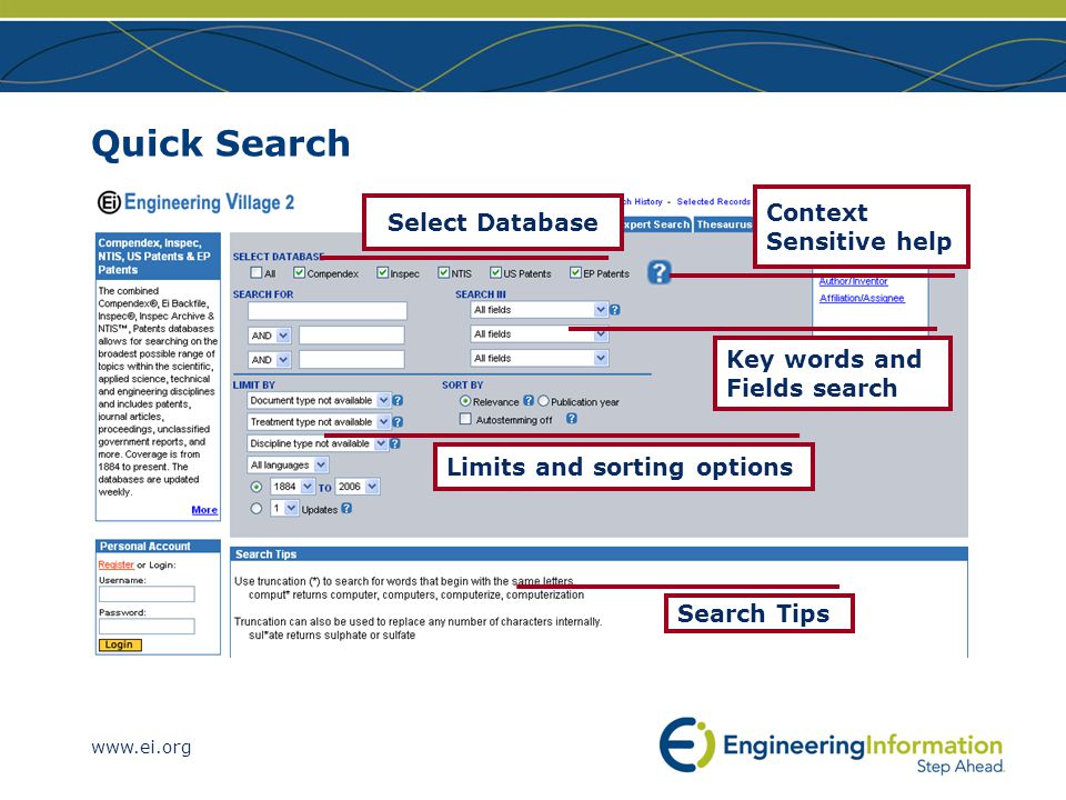 Quick Search Context Sensitive help Key words and Fields search Limits and sorting options Search Tips Select Database