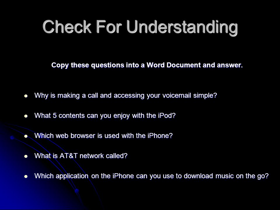 Check For Understanding Copy these questions into a Word Document and answer.