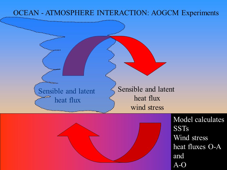 OCEAN - ATMOSPHERE INTERACTION: AOGCM Experiments Sensible and latent heat flux Sensible and latent heat flux wind stress Model calculates SSTs Wind stress heat fluxes O-A and A-O