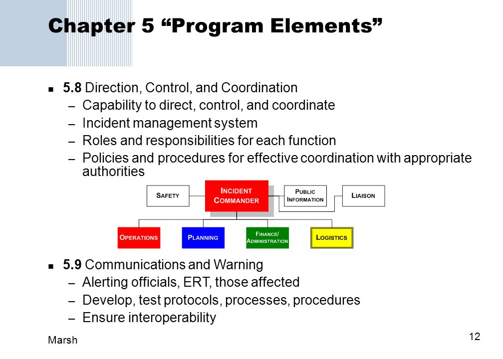 Marsh 12 Chapter 5 Program Elements 5.8 Direction, Control, and Coordination – Capability to direct, control, and coordinate – Incident management system – Roles and responsibilities for each function – Policies and procedures for effective coordination with appropriate authorities 5.9 Communications and Warning – Alerting officials, ERT, those affected – Develop, test protocols, processes, procedures – Ensure interoperability