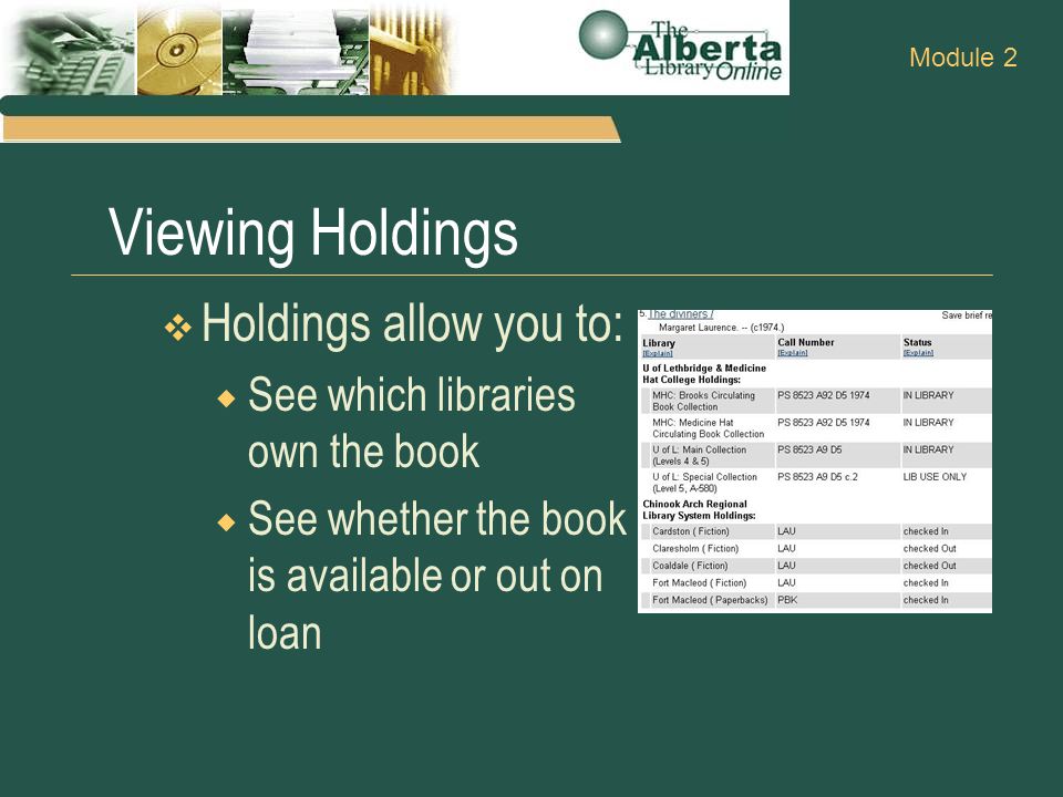 Viewing Holdings  Holdings allow you to:  See which libraries own the book  See whether the book is available or out on loan Module 2