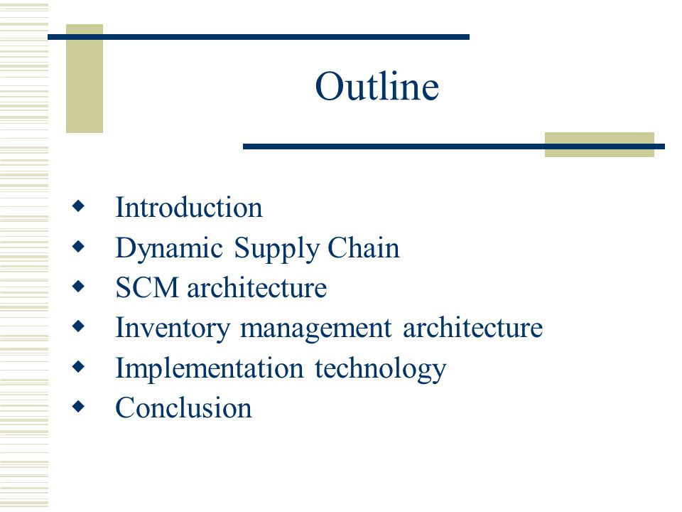 Outline  Introduction  Dynamic Supply Chain  SCM architecture  Inventory management architecture  Implementation technology  Conclusion