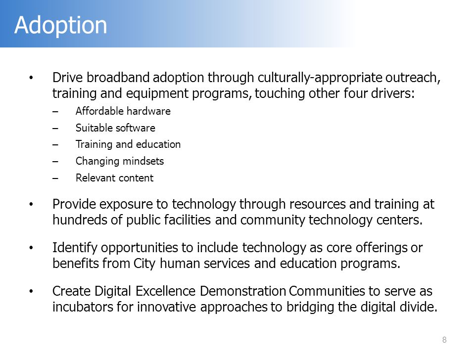 Drive broadband adoption through culturally-appropriate outreach, training and equipment programs, touching other four drivers: – Affordable hardware – Suitable software – Training and education – Changing mindsets – Relevant content Provide exposure to technology through resources and training at hundreds of public facilities and community technology centers.