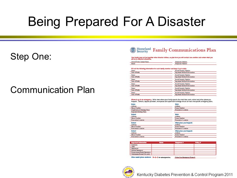 Kentucky Diabetes Prevention & Control Program 2011 Being Prepared For A Disaster Step One: Communication Plan