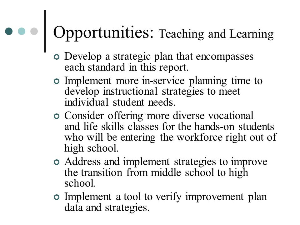 Opportunities: Teaching and Learning Develop a strategic plan that encompasses each standard in this report.