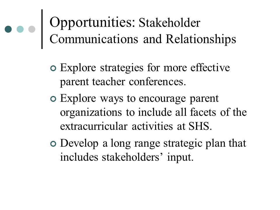 Opportunities: Stakeholder Communications and Relationships Explore strategies for more effective parent teacher conferences.