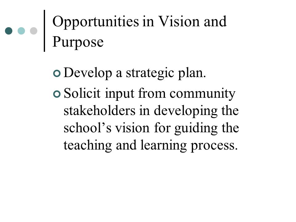 Opportunities in Vision and Purpose Develop a strategic plan.