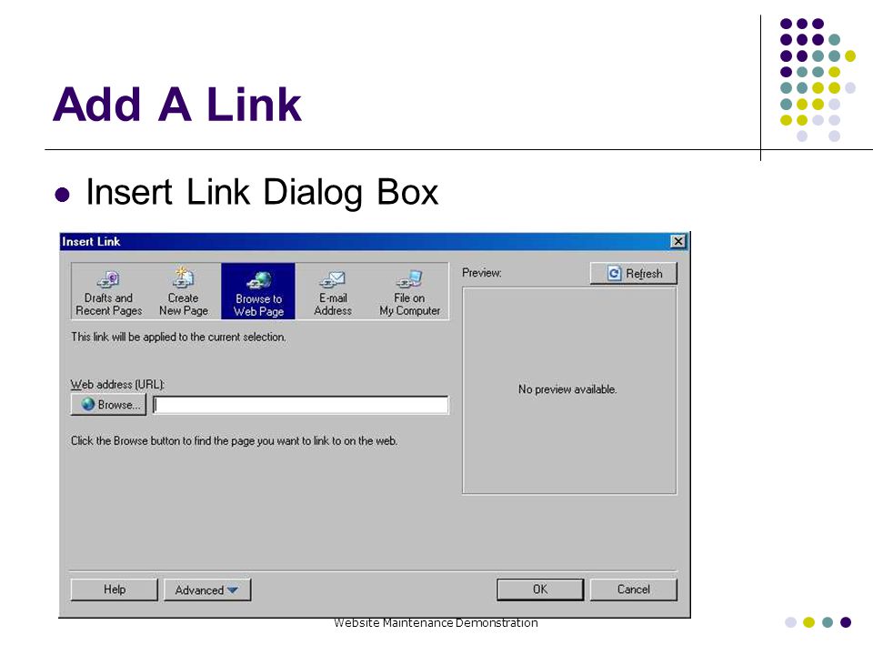Website Maintenance Demonstration Add A Link Insert Link Dialog Box