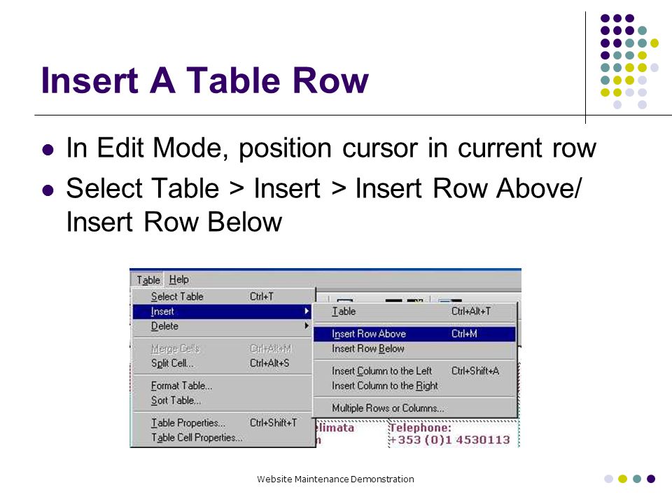Website Maintenance Demonstration Insert A Table Row In Edit Mode, position cursor in current row Select Table > Insert > Insert Row Above/ Insert Row Below