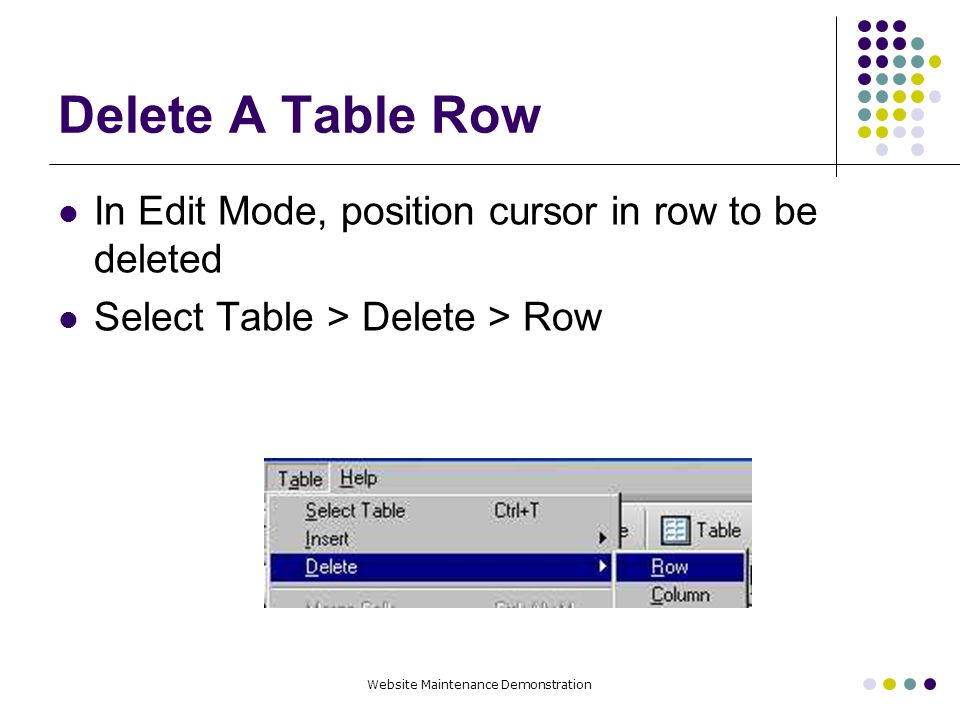 Website Maintenance Demonstration Delete A Table Row In Edit Mode, position cursor in row to be deleted Select Table > Delete > Row