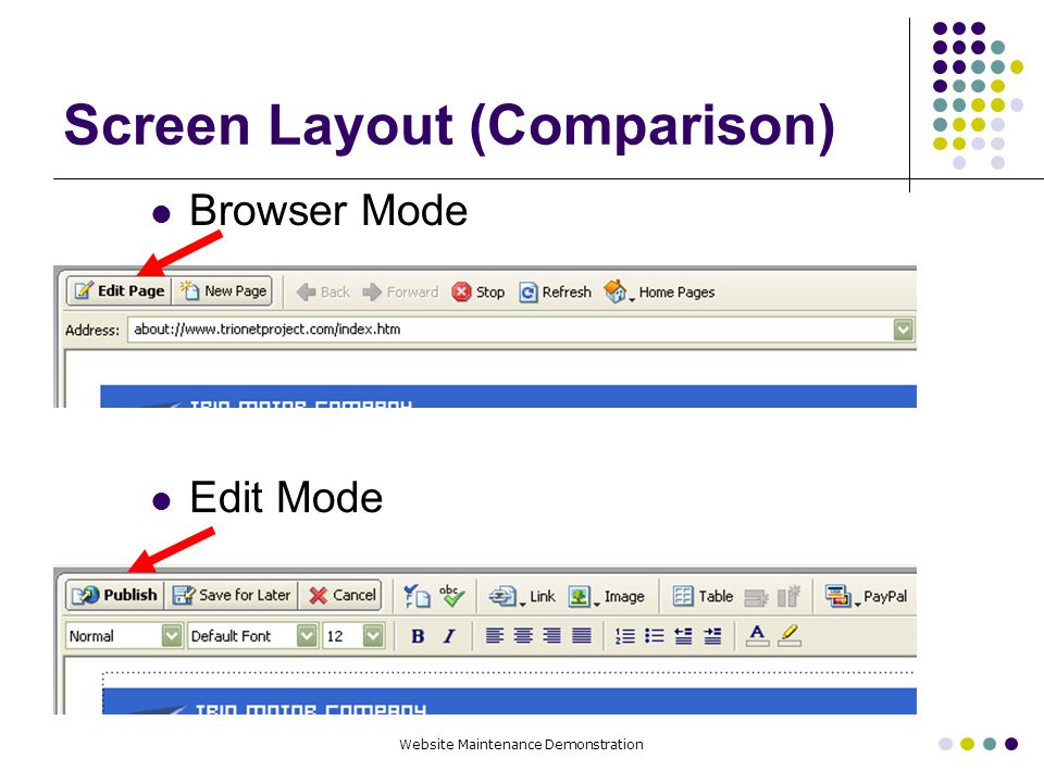 Website Maintenance Demonstration Screen Layout (Comparison) Browser Mode Edit Mode
