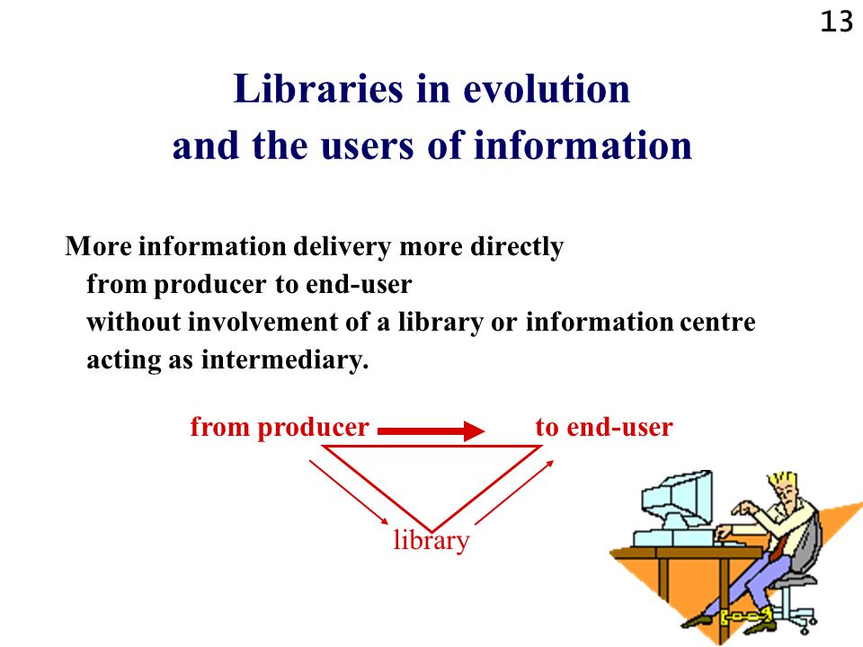 13 Libraries in evolution and the users of information More information delivery more directly from producer to end-user without involvement of a library or information centre acting as intermediary.