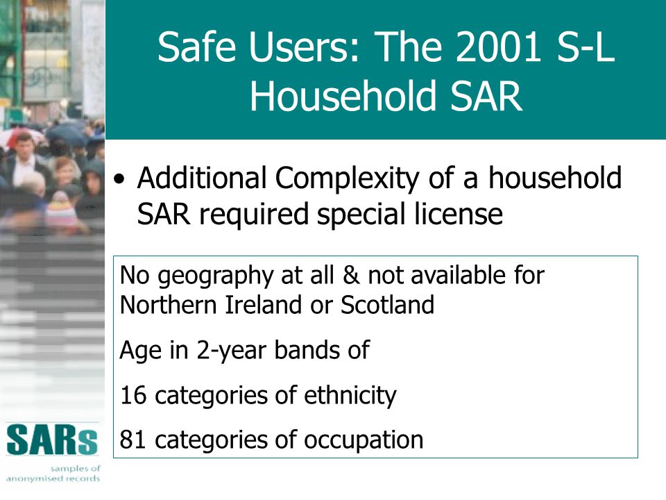 Safe Users: The 2001 S-L Household SAR Additional Complexity of a household SAR required special license No geography at all & not available for Northern Ireland or Scotland Age in 2-year bands of 16 categories of ethnicity 81 categories of occupation